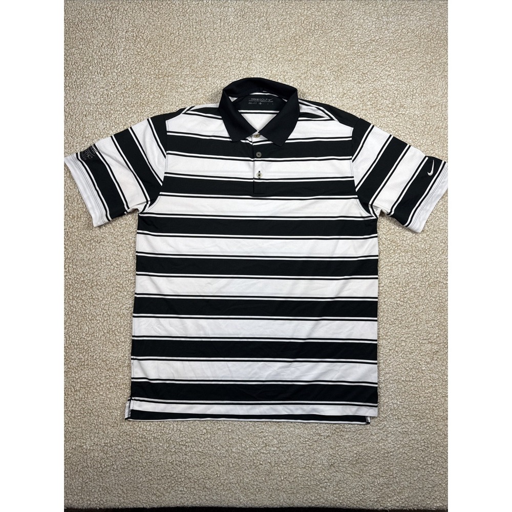 Nike Golf Men's L Dri Fit Polo Golf Shirt Black White Stripe Vented 416582-010